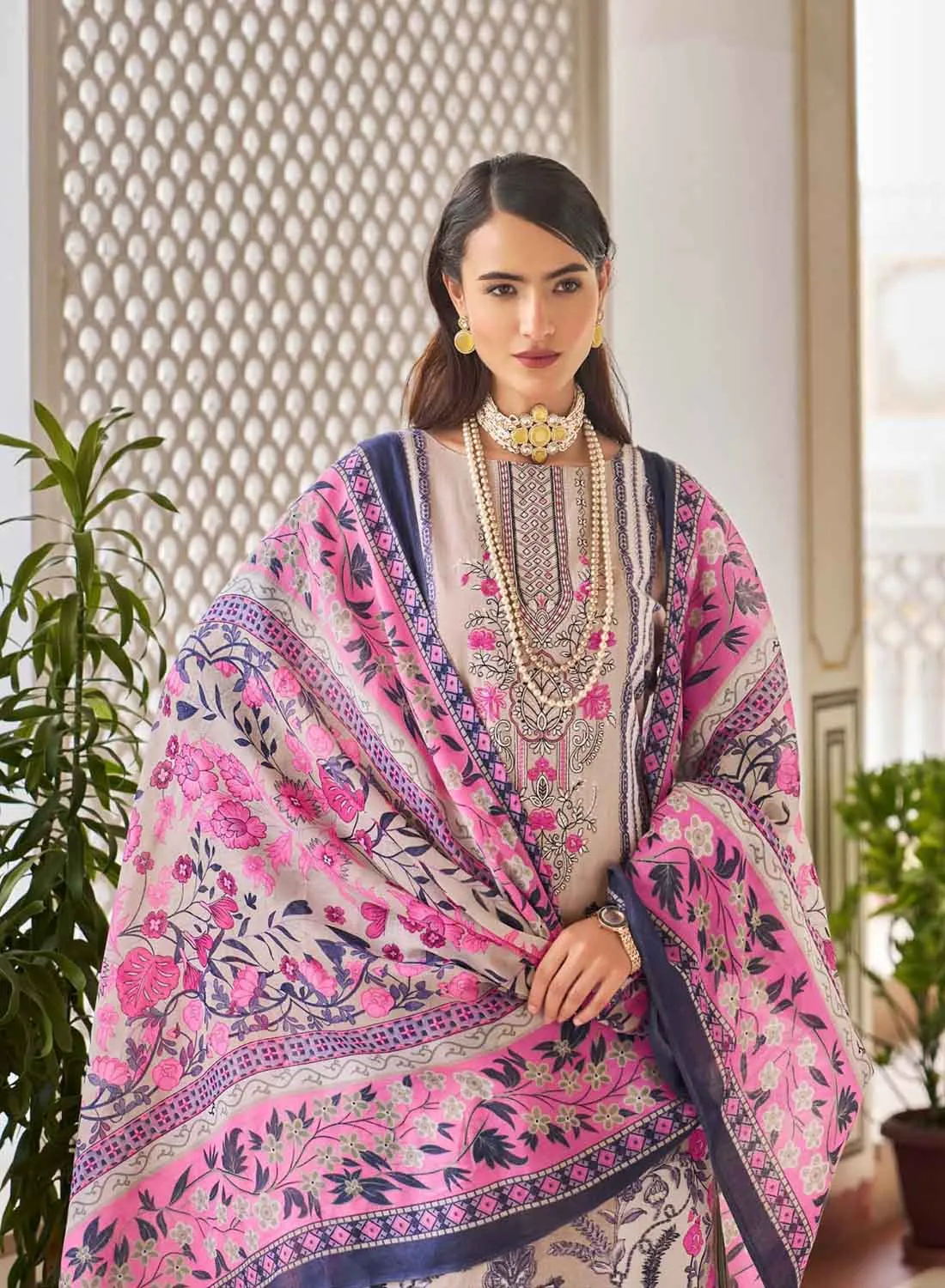 Women's Pakistani Print Brown Unstitched Cotton Suit Dress Material