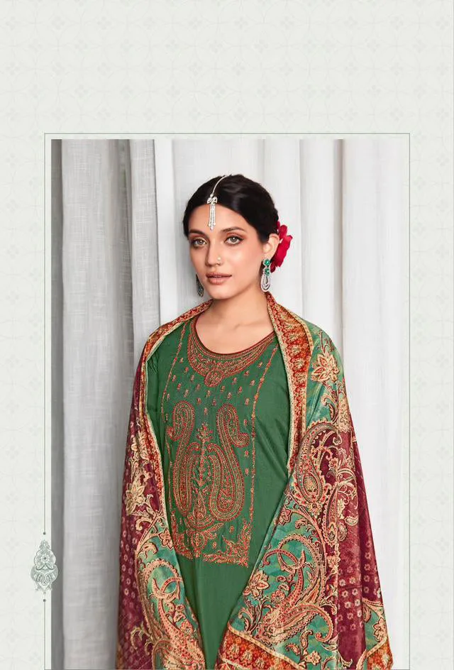 Women's Pashmina Green Unstitched Winter Suit with Velvet Dupatta