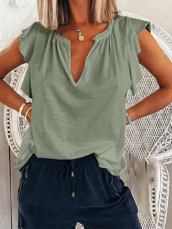 Women's T-Shirts Solid V Neck Short Sleeve T-Shirt
