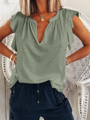 Women's T-Shirts Solid V Neck Short Sleeve T-Shirt